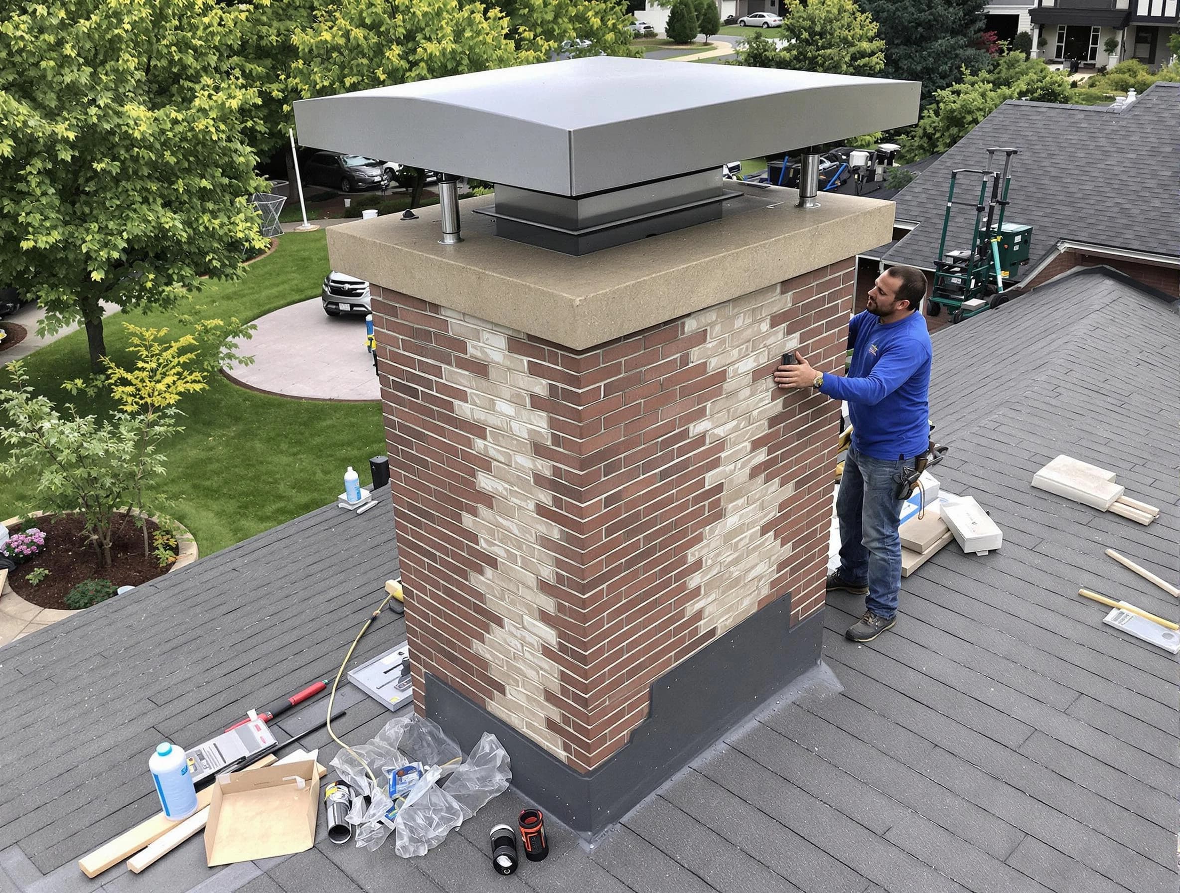 Centerville Chimney Sweep team working on a custom chimney remodel in Centerville, TN